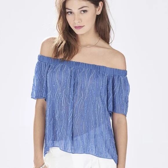 Parker NWT Royal Blue Beaded Embellished Off the Shoulder Sheer Top - Picture 3 of 16